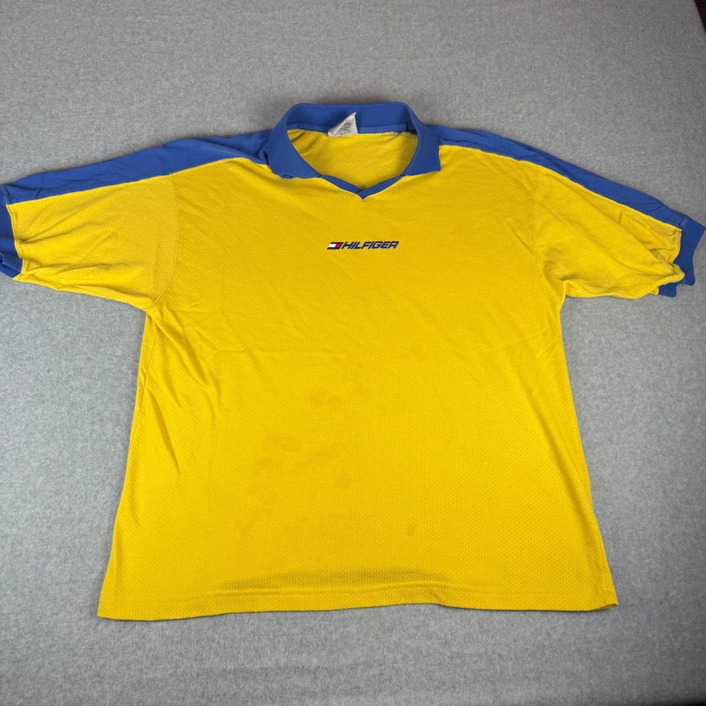 Vintage Tommy Hilfiger Polo Shirt Mens XL Yellow Blue Colorblock Mesh Short Slv